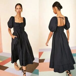 Ulla Johnson Palma Dress Black Puff-Sleeve Midi Dress with Square Neck Line